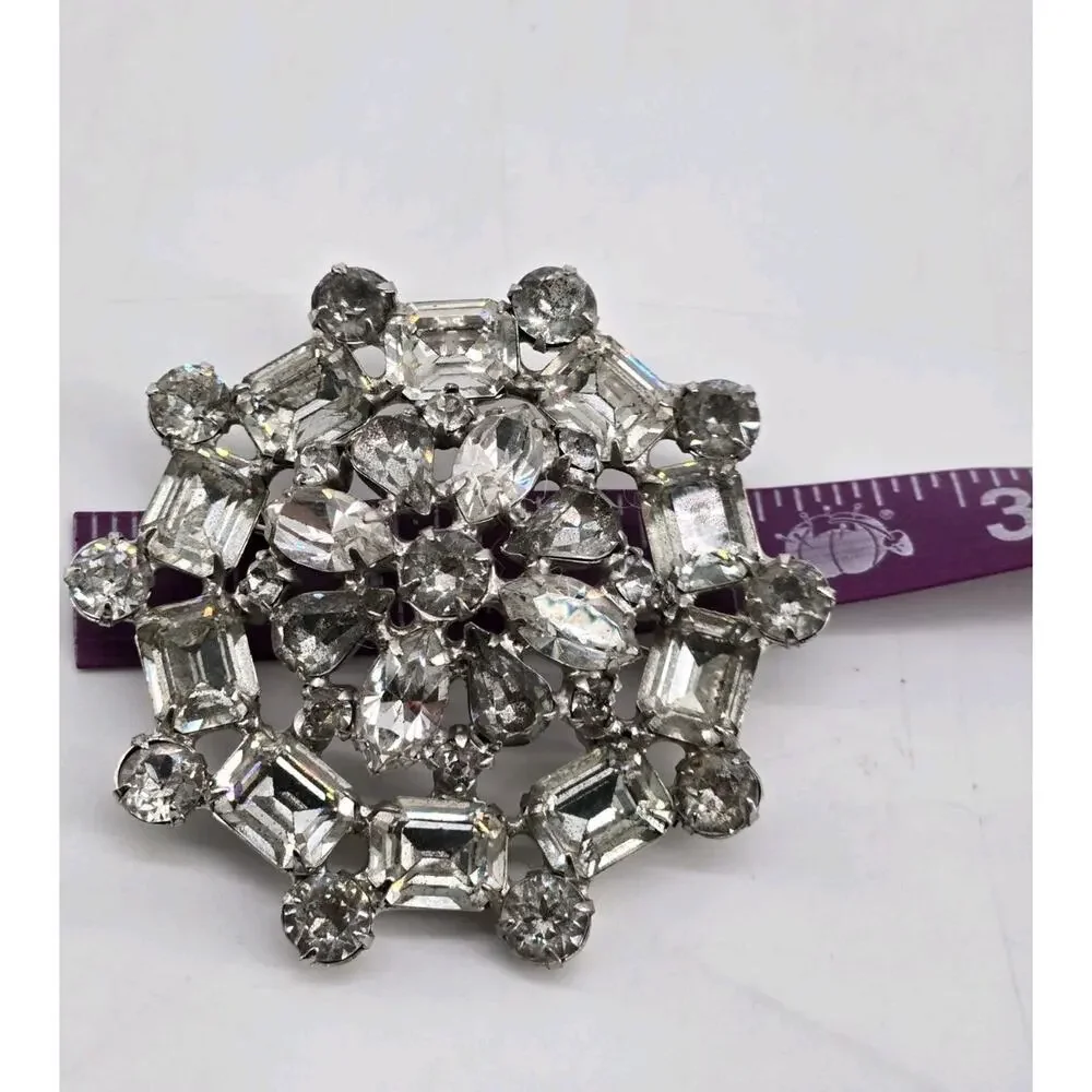 Vintage 40s Joseph Wiesner NY Silver Tone & Clear Rhinestone Pin Brooch